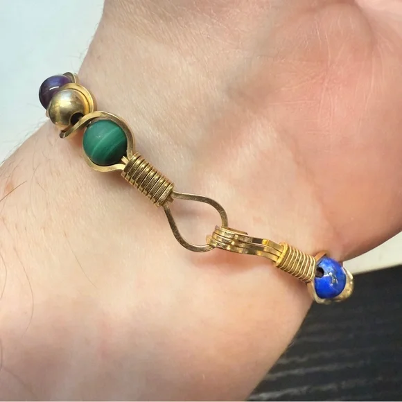 Multi Gemstone GOLD FILLED WIRE WRAPPED BANGLE BRACELET Malachite Onyx Rhodonite - Picture 3 of 6